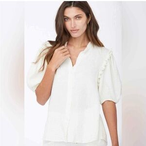 Sundays Manuella Cream Ruffle Puff Sleeve Button Front Blouse Cotton Top Size L